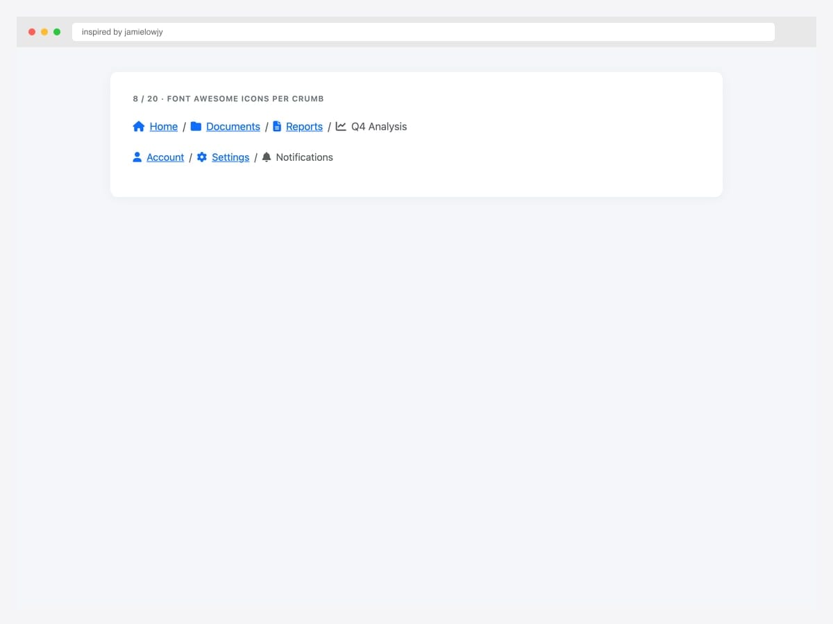 Bootstrap breadcrumb with Font Awesome icons per label — home, folder, file, and chart icons paired with text on each crumb
