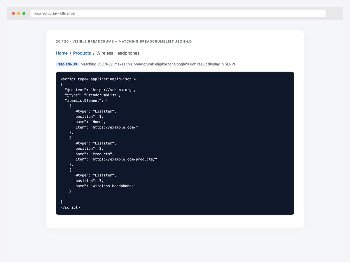 Bootstrap breadcrumb paired with BreadcrumbList JSON-LD schema reference — visible breadcrumb plus matching script type application/ld+json code block