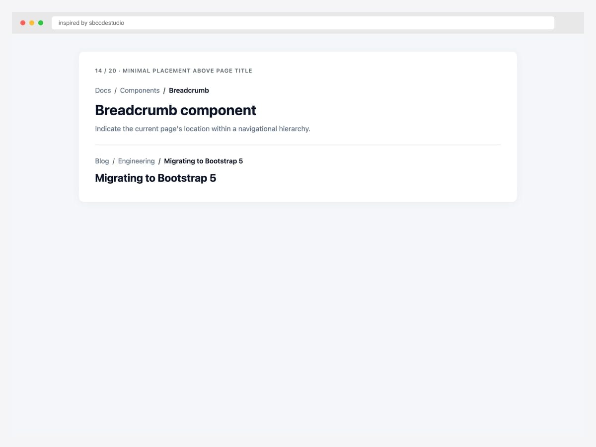Minimal Bootstrap breadcrumb placement above page title — no background fill, tight padding, used as contextual hint above an H1