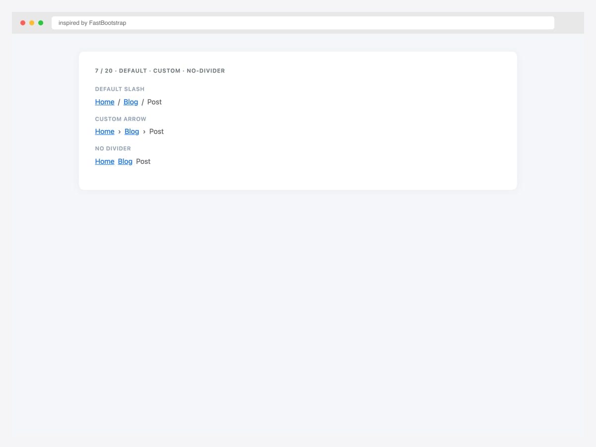 Bootstrap breadcrumb variant matrix — default slash divider, custom arrow divider, and no-divider stacked for comparison