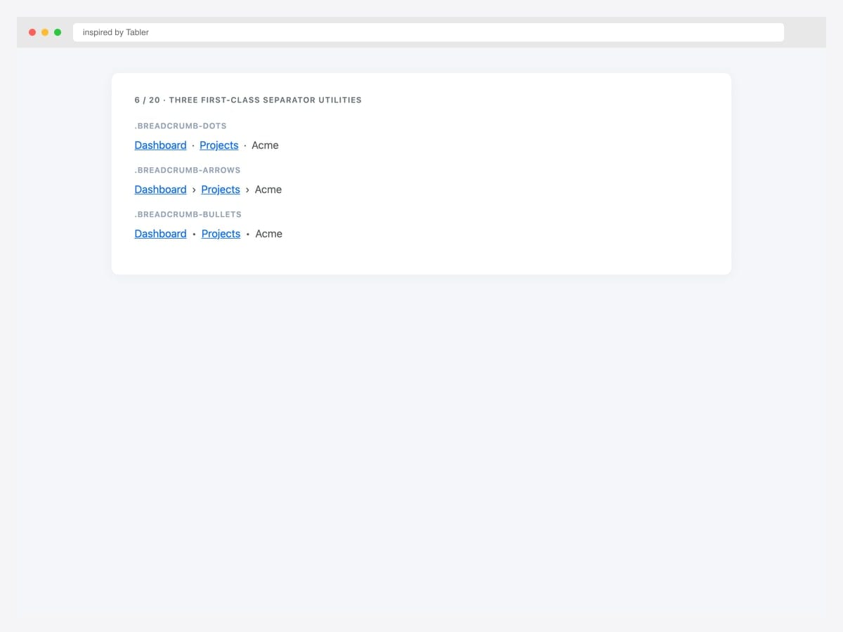 Bootstrap breadcrumb separator utilities — three first-class classes (breadcrumb-dots, breadcrumb-arrows, breadcrumb-bullets) stacked vertically