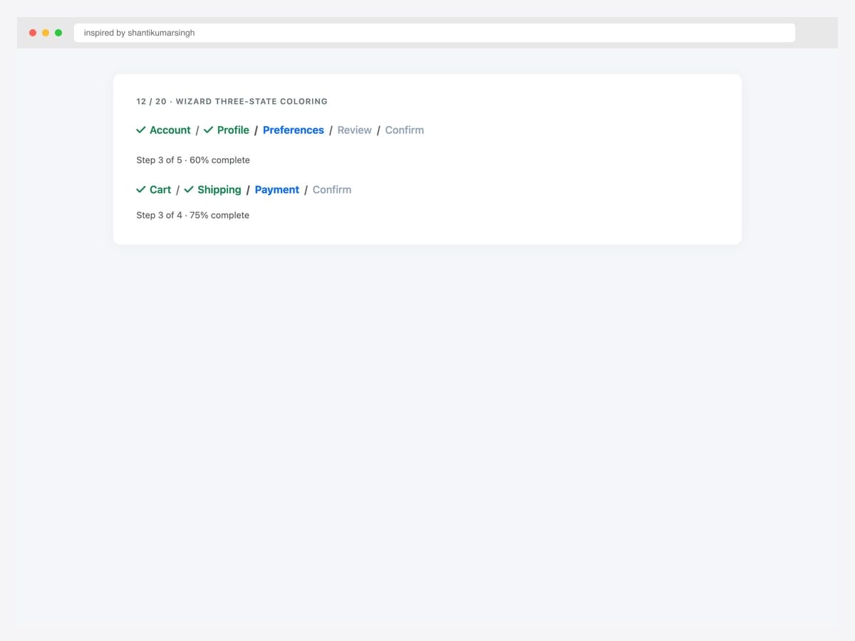 Bootstrap wizard breadcrumb with three-state coloring — completed (green check), active (blue), pending (grey) steps for multi-step flow