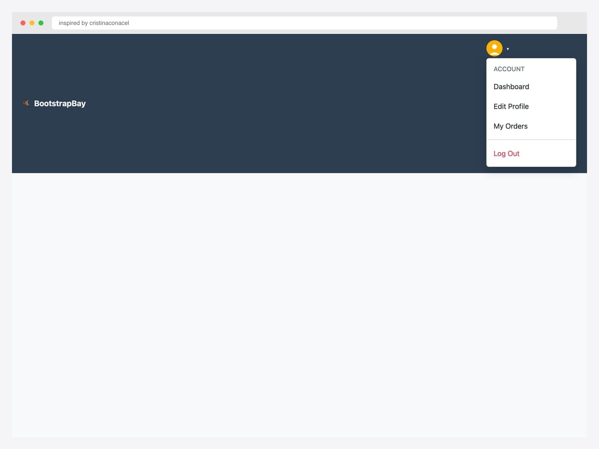 BootstrapBay dark navbar with an avatar-triggered profile dropdown showing Dashboard, Edit Profile, My Orders, and Log Out actions