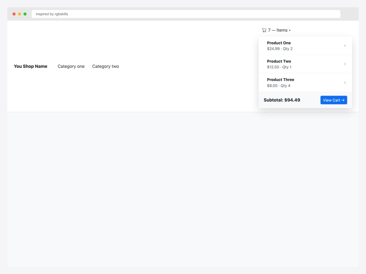 E-commerce navbar with an open cart dropdown showing three product line items with thumbnails, prices, remove buttons, and Subtotal + View Cart footer