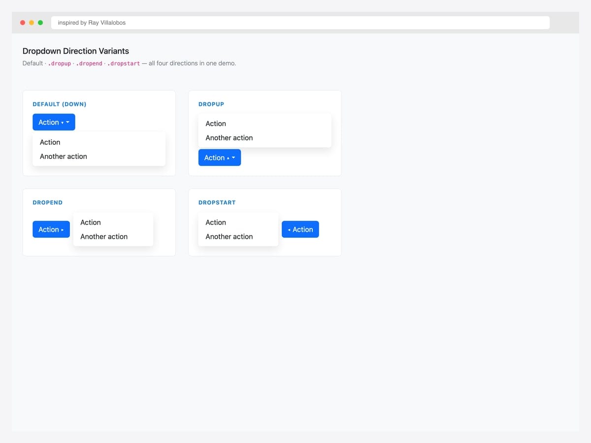 Bootstrap 5 dropdown direction variants — Default (down), Dropup, Dropend, and Dropstart — shown in a 2×2 grid of cards