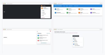 Grid of four free Bootstrap dropdown menu examples — user profile menu, mega menu with rich items, notification bell with badge, and filter dropdown with checkboxes