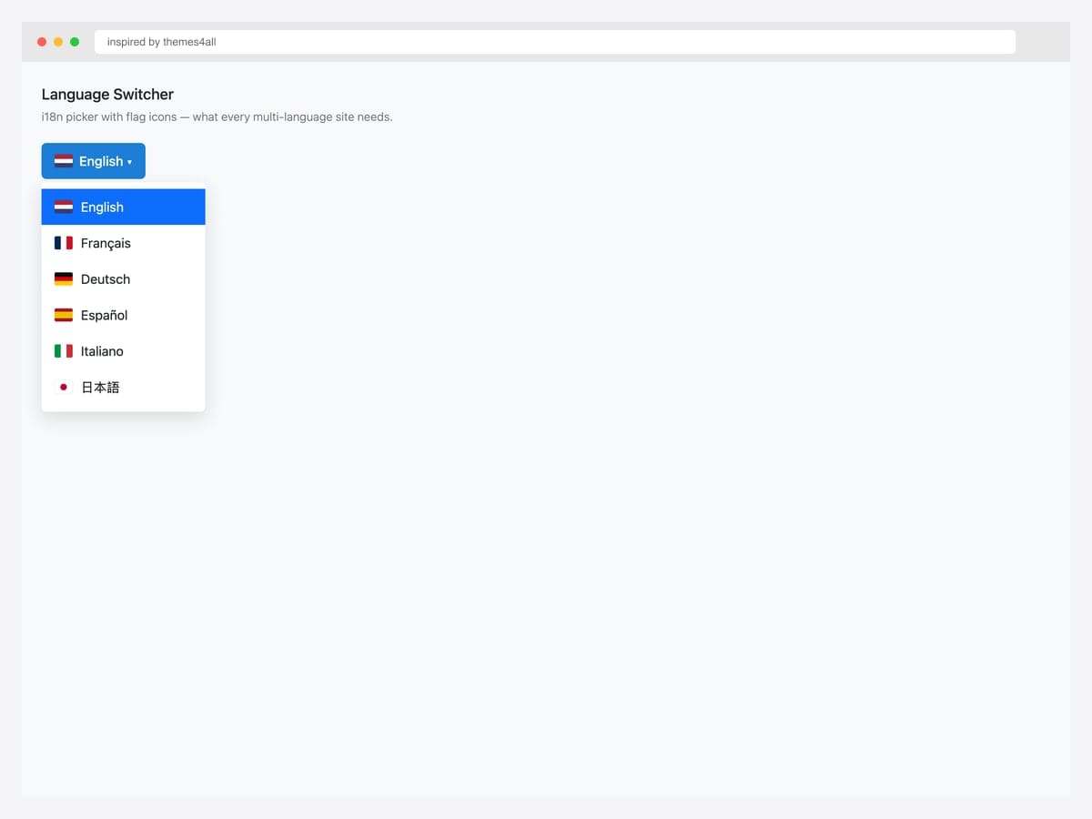 Language switcher dropdown with flag icons next to each language — English (active), Français, Deutsch, Español, Italiano, 日本語