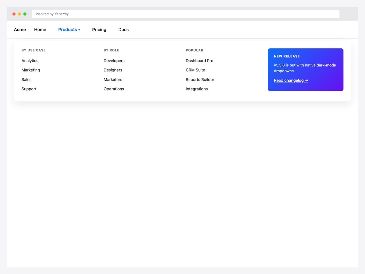 Bootstrap 5.3.8 white-themed navbar with a mega dropdown showing By Use Case, By Role, Popular product categories plus a gradient promo card