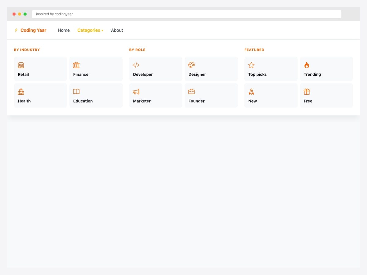 Mega menu with 4×3 icon-tile grid grouped into By Industry, By Role, and Featured columns — orange accent color