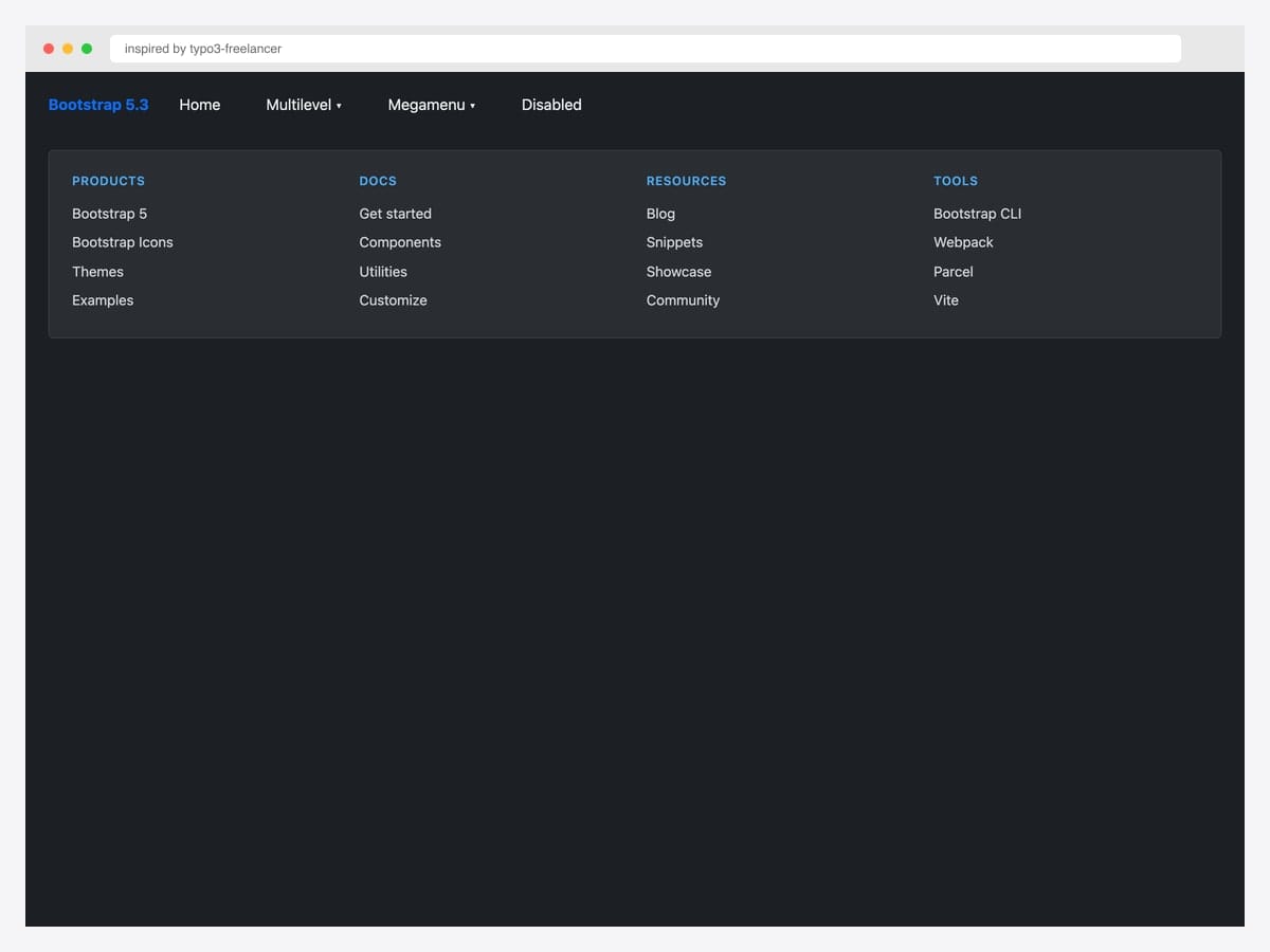 Bootstrap 5.3 dark-theme navbar with a four-column mega menu showing Products, Docs, Resources, and Tools categories with link lists