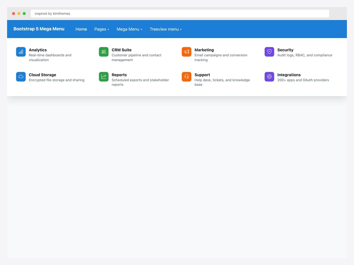 Bootstrap 5 mega menu under a blue navbar — eight rich items in two rows with colored icon tiles, bold titles, and one-line descriptions