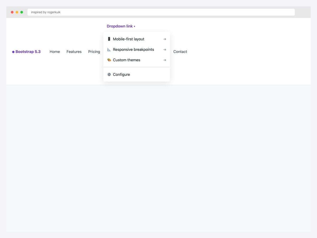 Bootstrap 5.3 navbar with a multilevel responsive dropdown showing Mobile-first layout, Responsive breakpoints, and Custom themes with right-arrow indicators