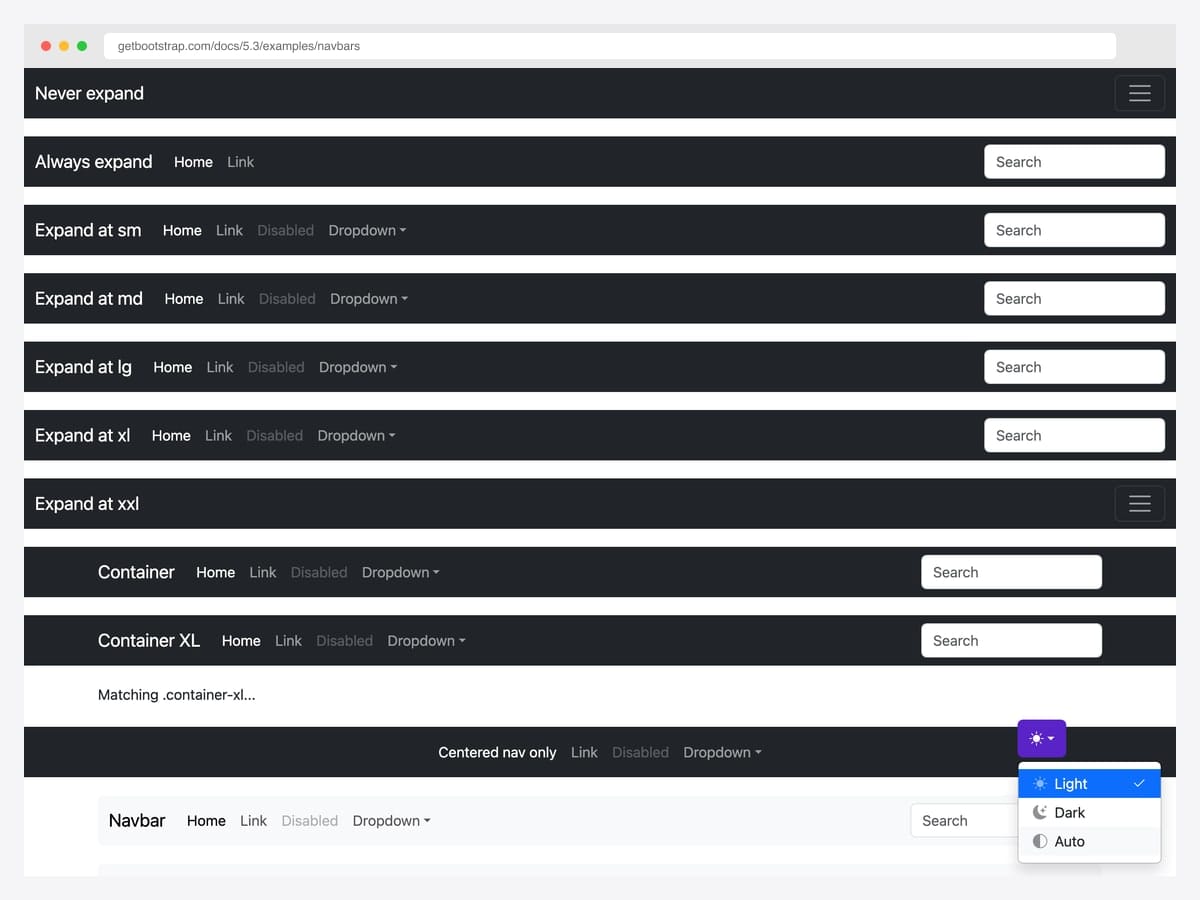Bootstrap 5 navbar examples page showing all responsive variants — Never expand, Always expand, Expand at sm/md/lg/xl/xxl — with theme picker dropdown open