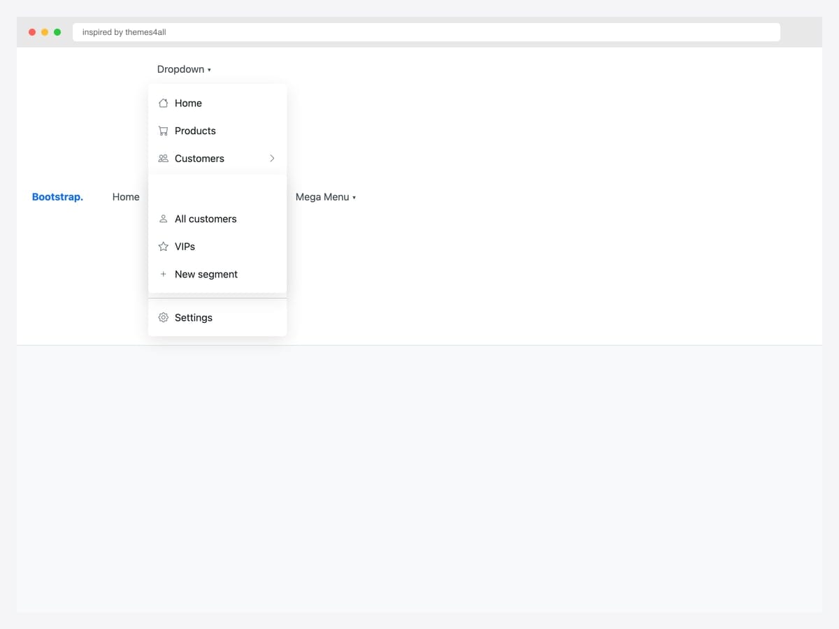 Bootstrap 5 white-theme navbar with nested dropdown — Dropdown menu containing Home, Products, Customers with right-flying submenu, and Settings