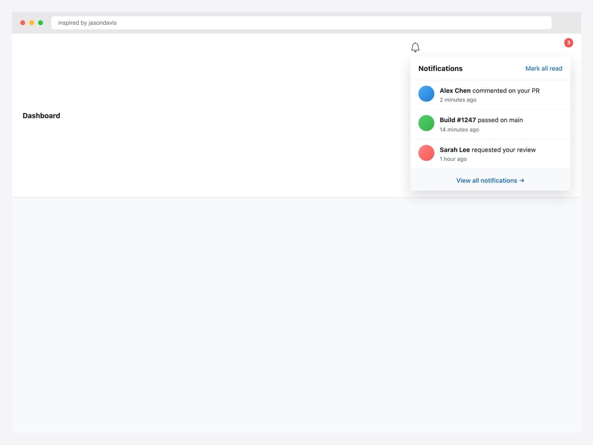 Notification bell dropdown with red 3-badge, showing recent activity items (Alex Chen PR comment, Build 1247 passed, Sarah Lee review request) and View all footer