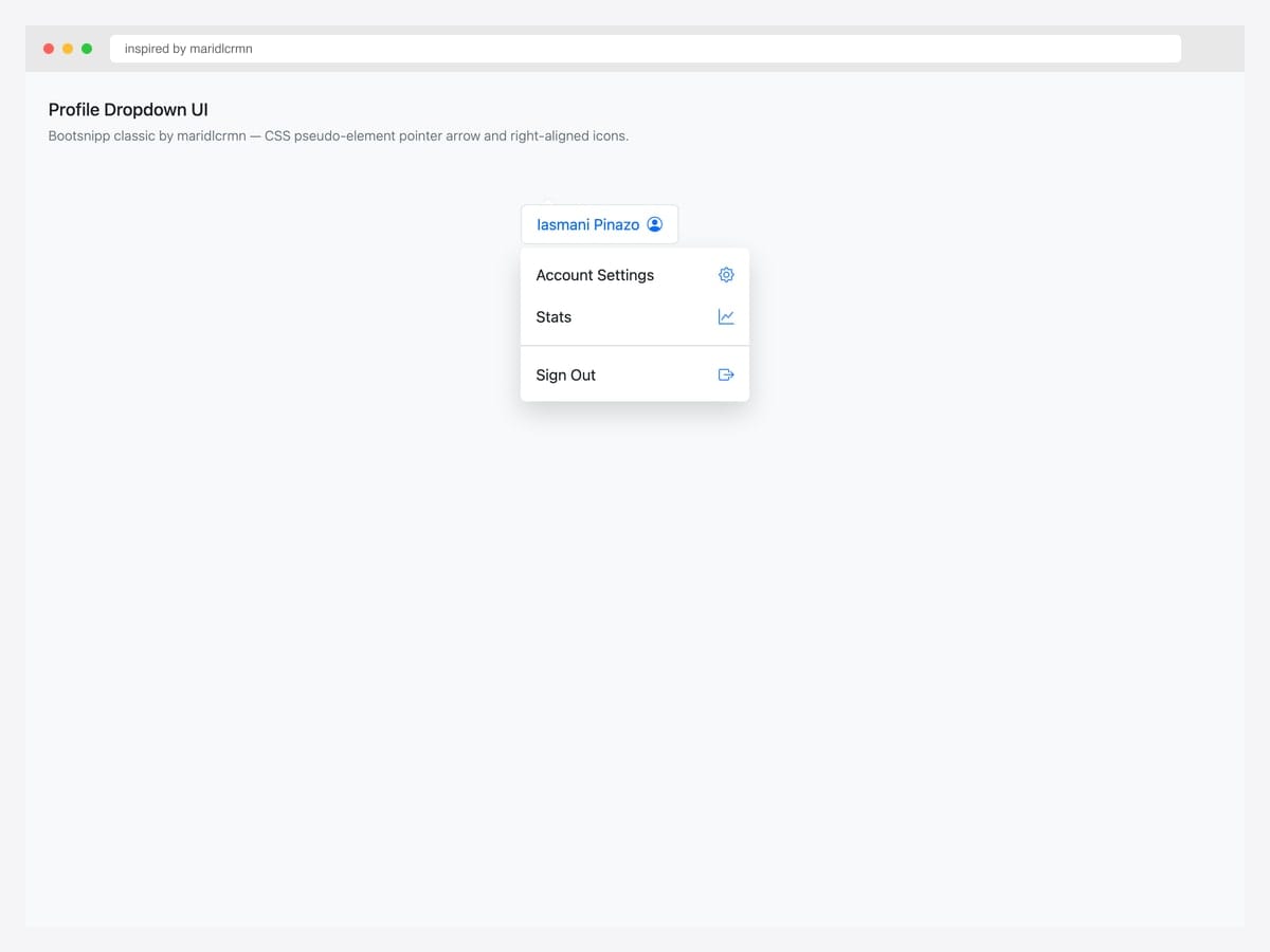 Bootsnipp-style profile dropdown by maridlcrmn with a CSS pseudo-element pointer arrow and right-aligned icons next to Account Settings, Stats, Sign Out