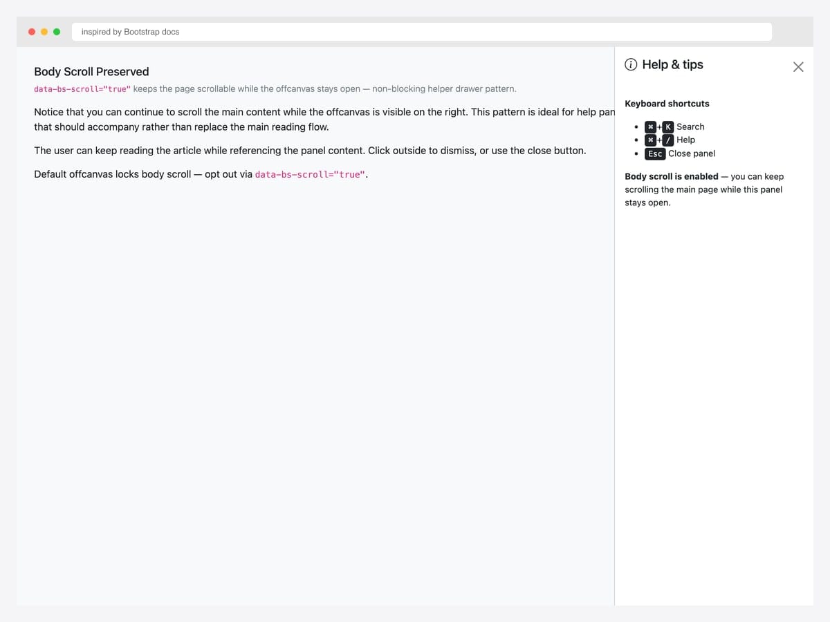 Body scroll preserved offcanvas — Help &amp; tips drawer on right side while main page scrollable content remains accessible