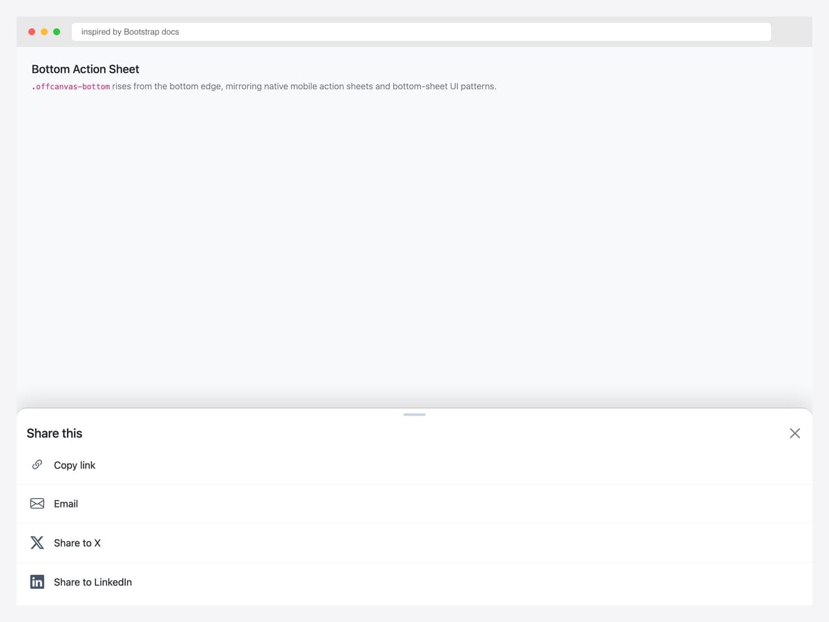 Bottom action sheet — share menu with Copy link, Email, X, LinkedIn options sliding up from bottom with drag handle