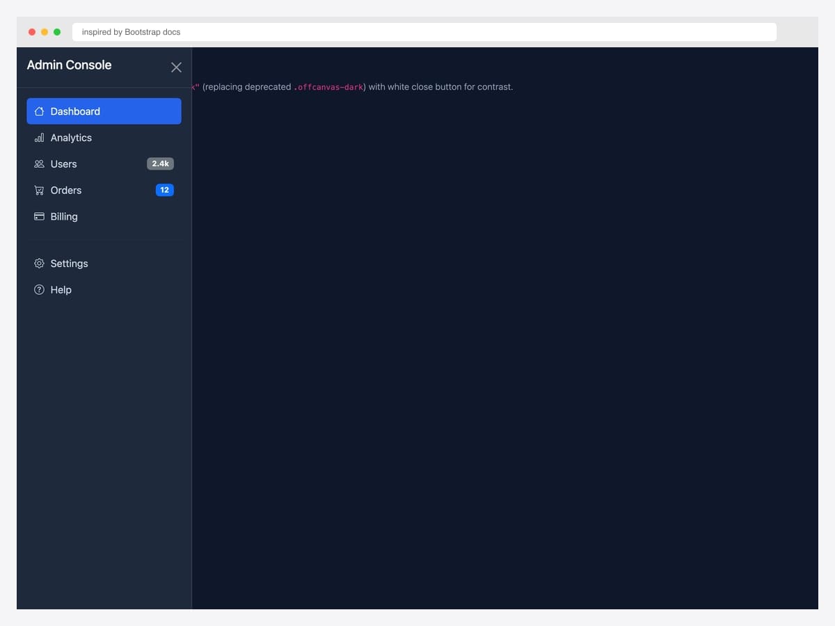 Dark admin drawer with data-bs-theme=dark — Admin Console with Dashboard, Analytics, Users (2.4k badge), Orders (12 badge), Billing
