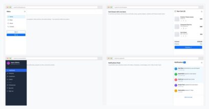 Grid of four free Bootstrap offcanvas examples — mobile drawer navigation, e-commerce cart drawer, dark admin sidebar with profile, and notifications panel