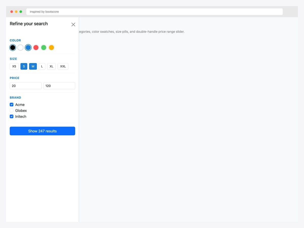 Faceted search offcanvas — color swatches, size pills (XS-XXL), price range inputs, brand checkboxes, Show 247 results button