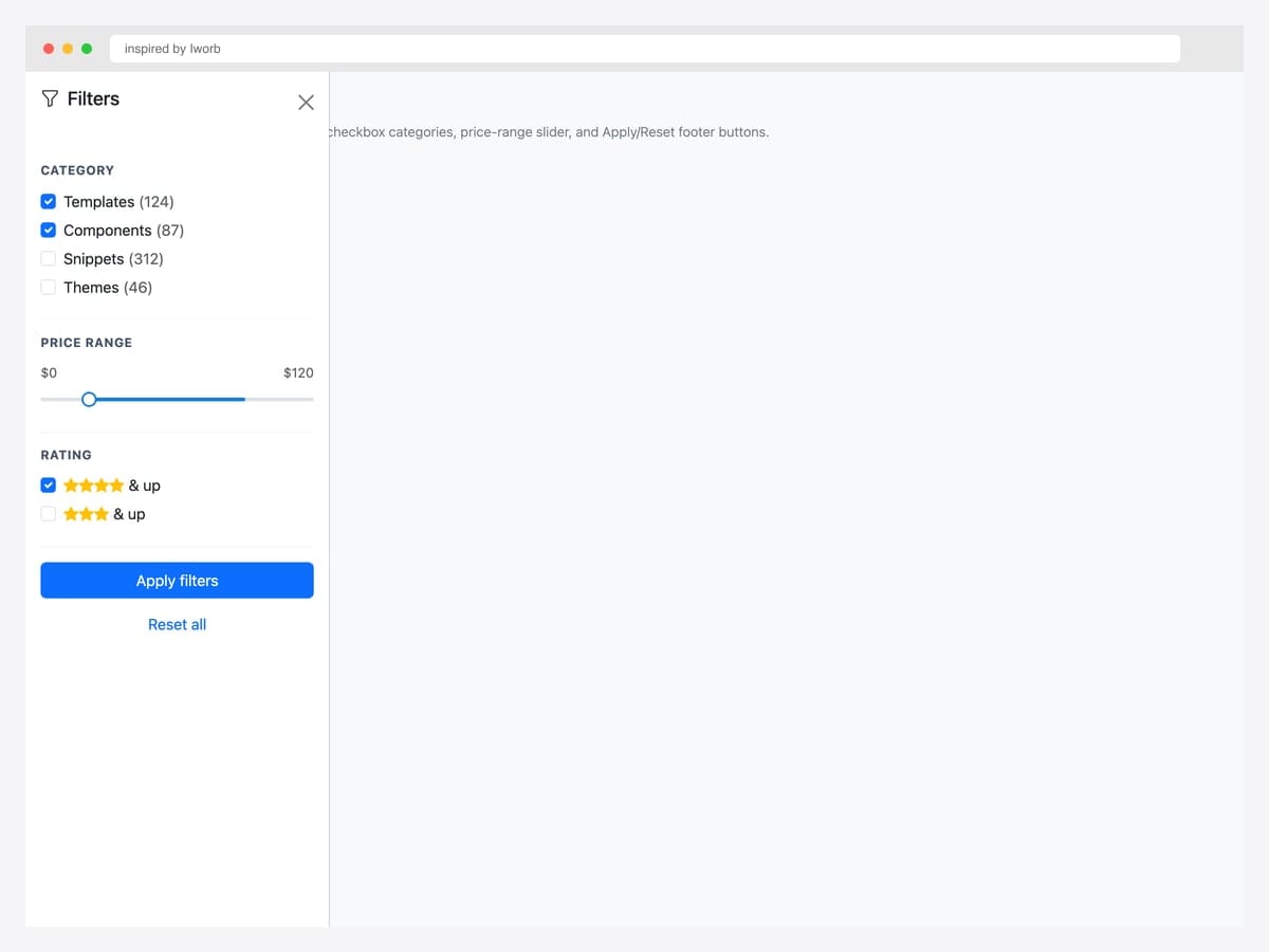 Filter panel with checkboxes — Category, Price Range slider, and Rating filter sections with Apply and Reset buttons
