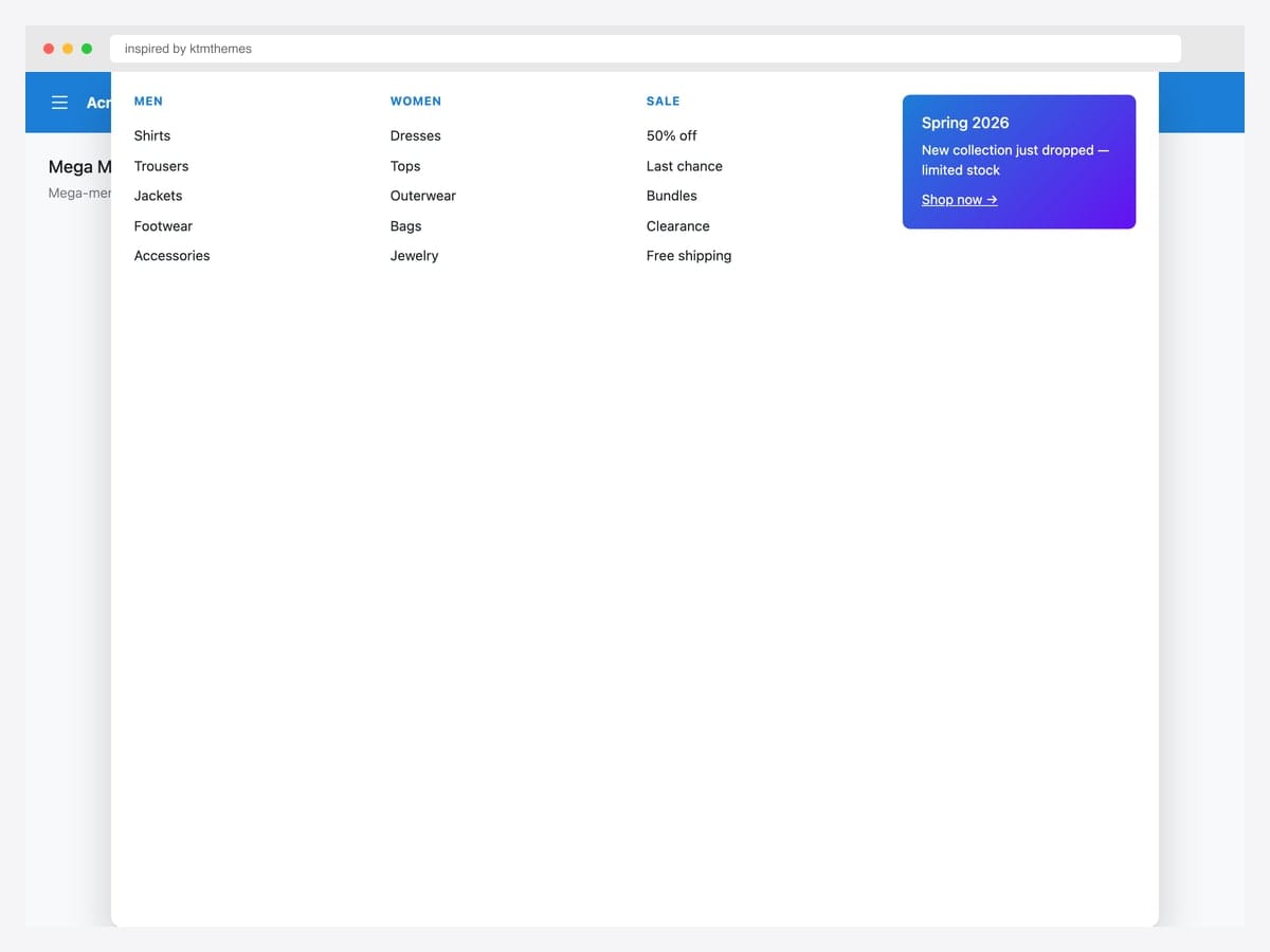 Mega menu offcanvas — multi-column layout with Men, Women, Sale categories and a Spring 2026 promo card