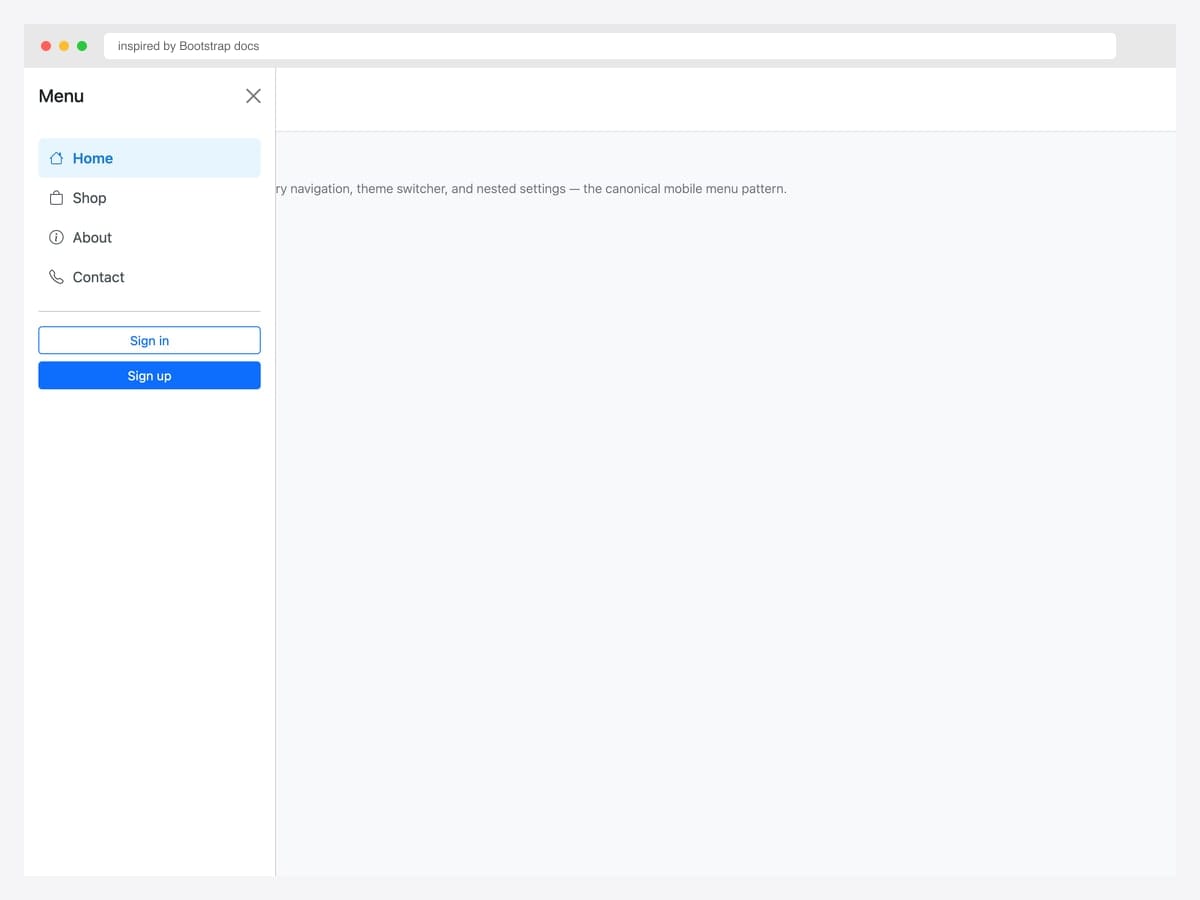 Mobile drawer navigation — left-side menu with Home, Shop, About, Contact links plus Sign in and Sign up buttons