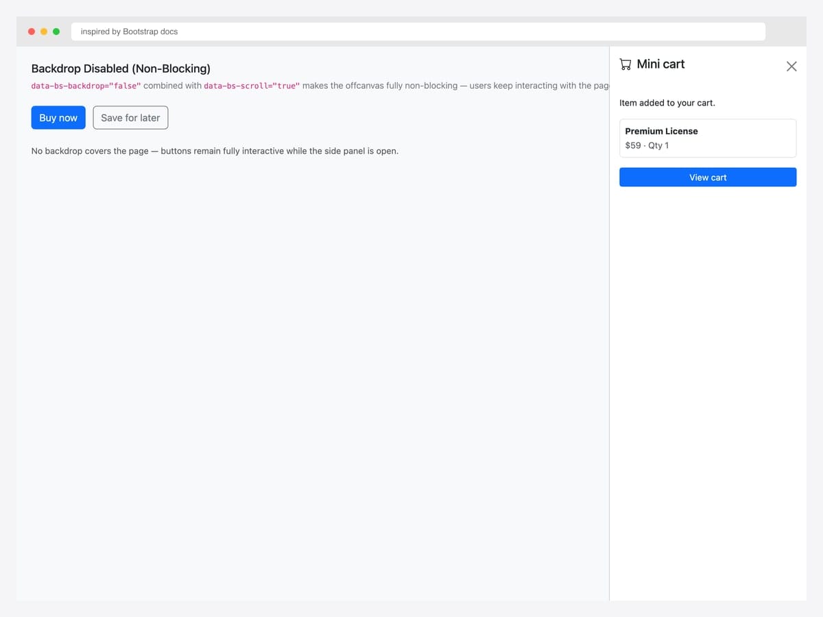 Backdrop disabled non-blocking offcanvas — mini-cart on right side; Buy now and Save for later buttons remain interactive