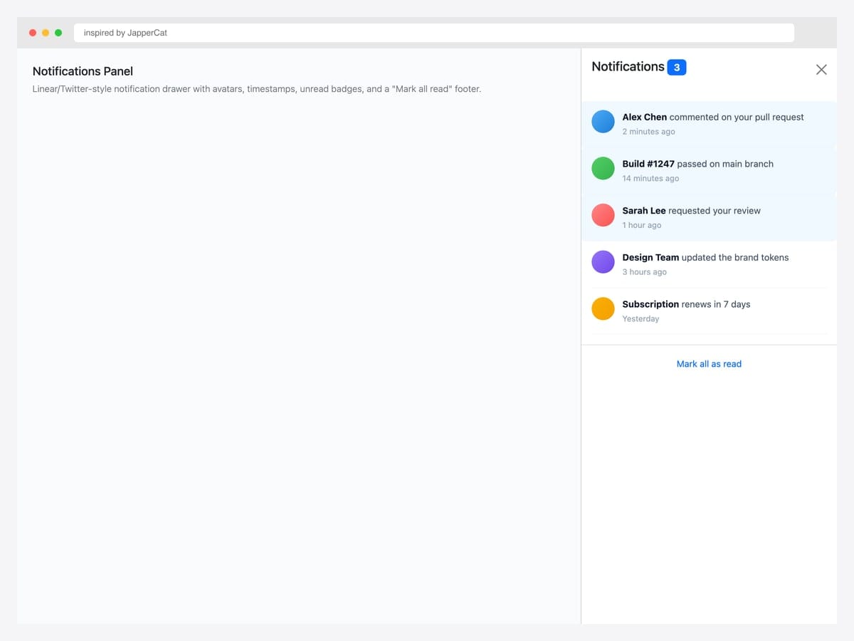 Notifications panel — list of 5 notifications with avatars, timestamps, unread highlighting, and Mark all read footer
