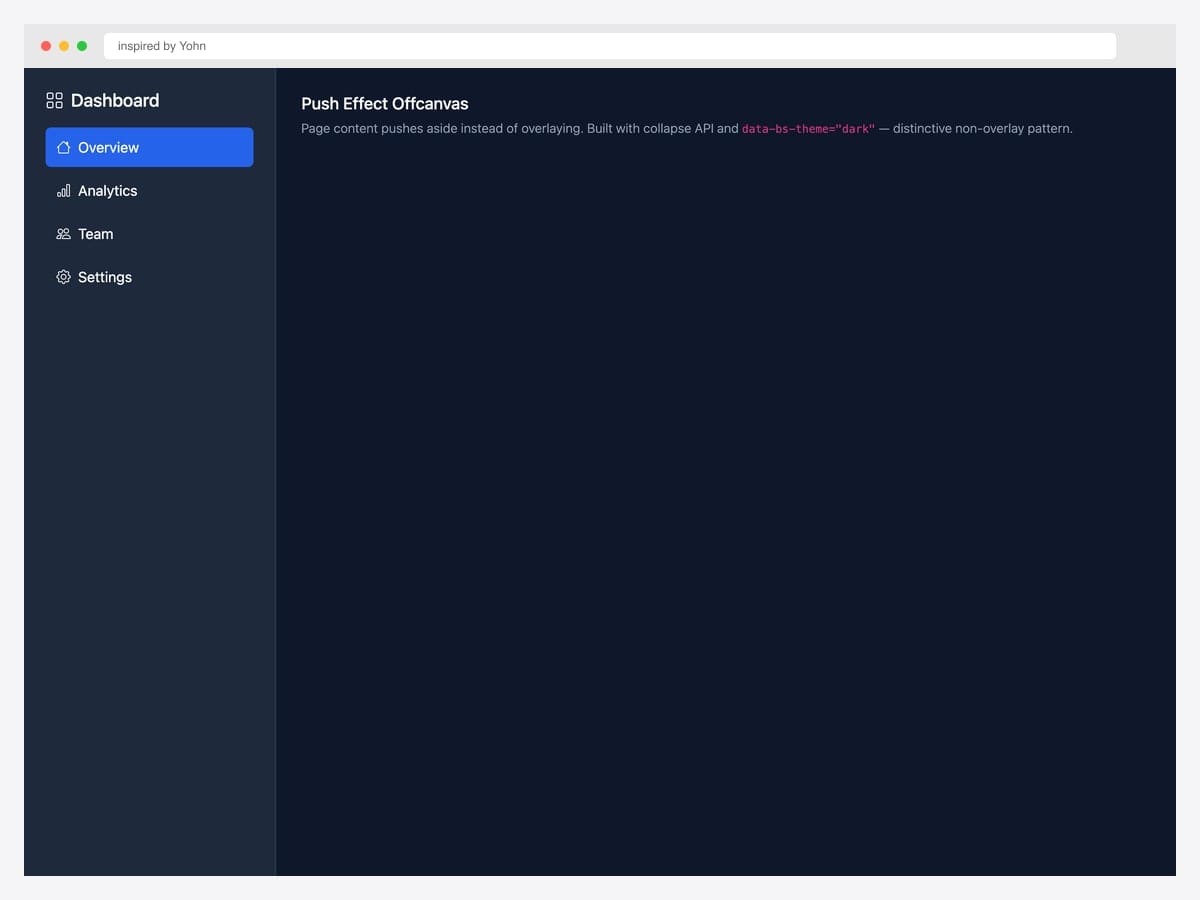 Push effect offcanvas — dark sidebar with Dashboard, Overview, Analytics, Team, Settings; content pushes aside instead of overlay