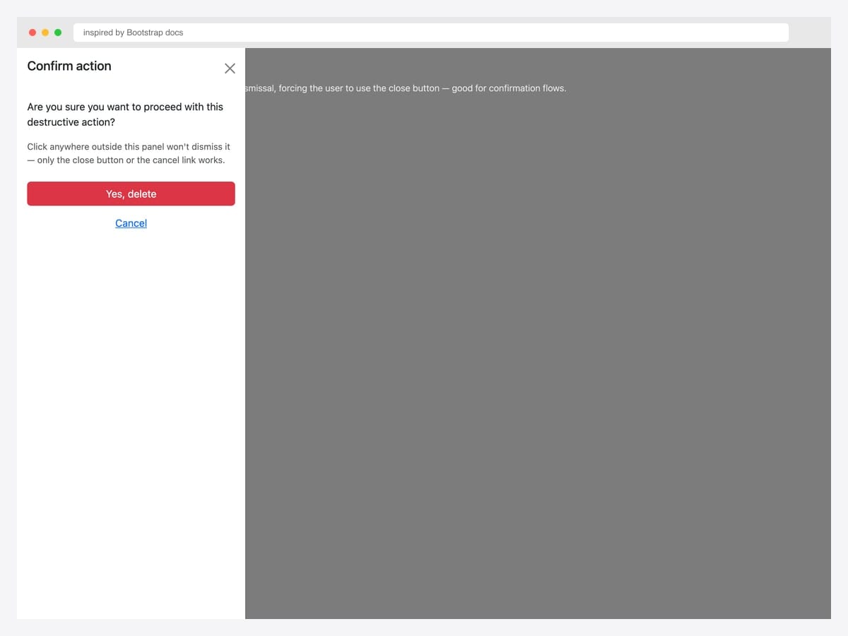 Static backdrop offcanvas — confirmation dialog with Yes/Cancel buttons; clicking outside the panel does not dismiss it