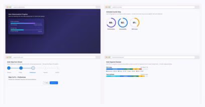 Grid of four free Bootstrap progress bar examples — neon glassmorphism bar, CSS animated circular counter, multi-step form wizard, and stacked multi-segment progress