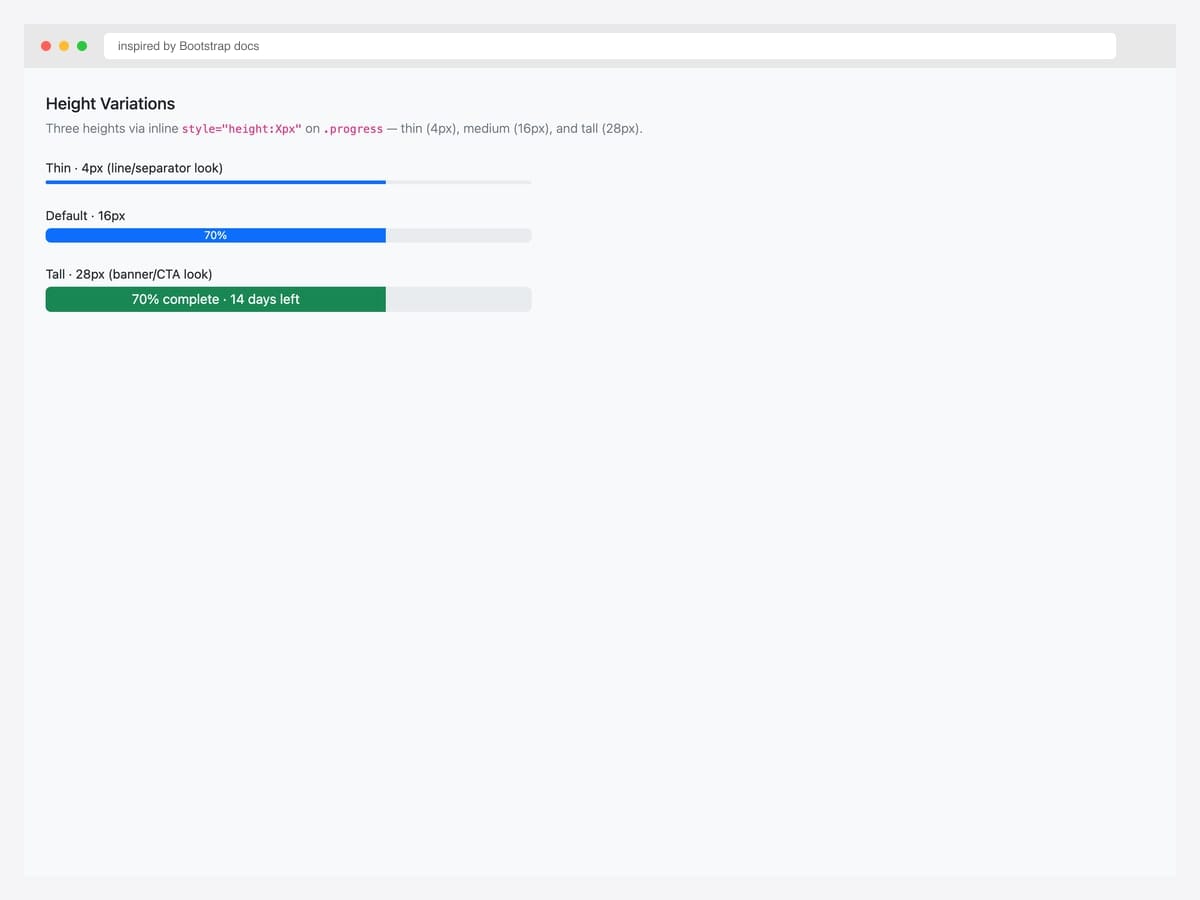 Three height variations — thin 4px, medium 16px, and tall 28px Bootstrap progress bars demonstrating size customization via inline styles