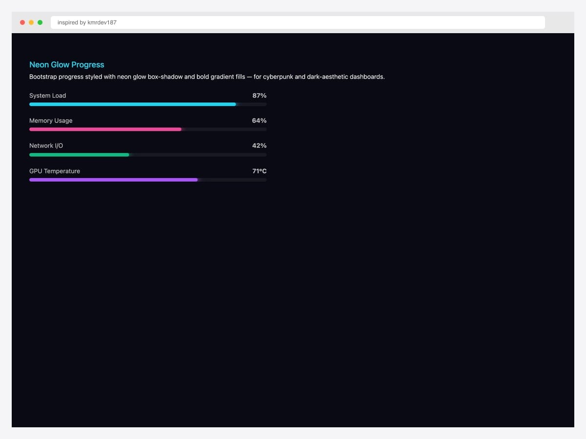Neon glow progress bar — native HTML progress element styled with neon glow box-shadow and gradient fill on dark background