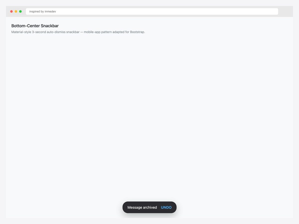 Bottom-center snackbar — dark pill-shaped notification with "Message archived" text and a blue "UNDO" link, Material Design style