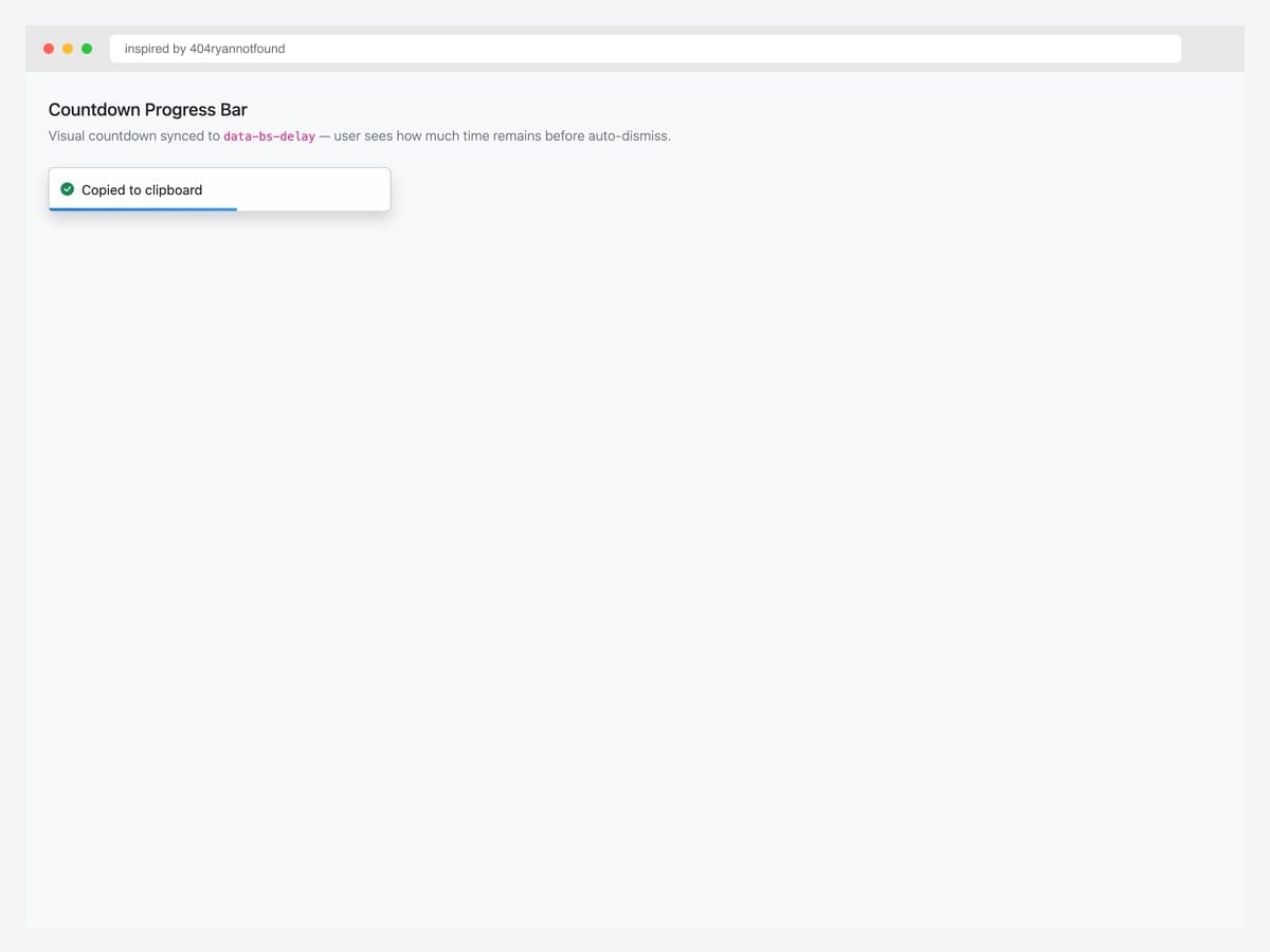 Bootstrap 5 toast with countdown progress bar — check icon, "Copied to clipboard" message, and a blue gradient progress bar at the bottom