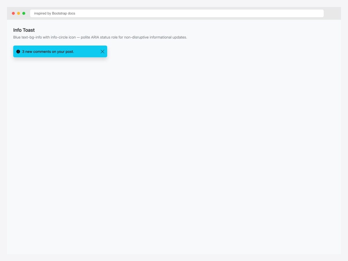 Cyan Bootstrap 5 info toast with info-circle icon and "3 new comments on your post" message