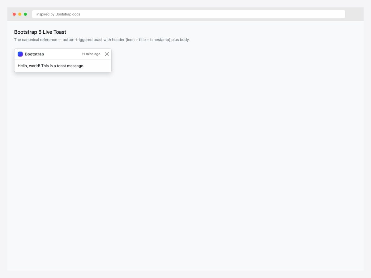 Bootstrap 5 live toast — header with brand icon, title, "11 mins ago" timestamp, dismiss button, and body message "Hello, world!"