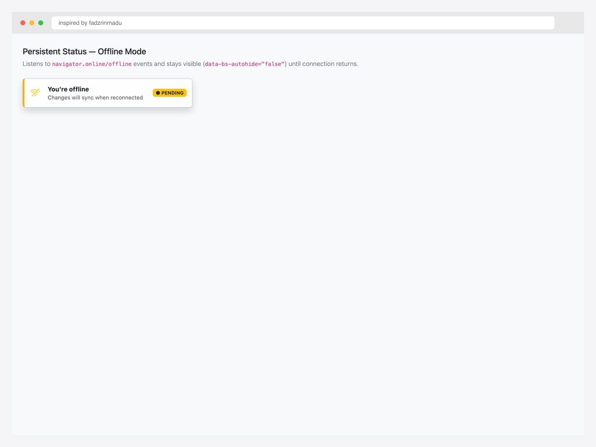 Persistent offline status toast with WiFi-off warning icon, "You're offline" header, "Changes will sync when reconnected" subtext, and PENDING badge