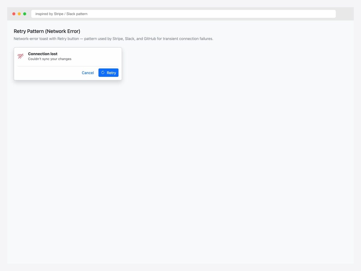 Bootstrap 5 network-error toast with WiFi-off icon, "Connection lost" header, Cancel and Retry buttons separated by a border-top divider