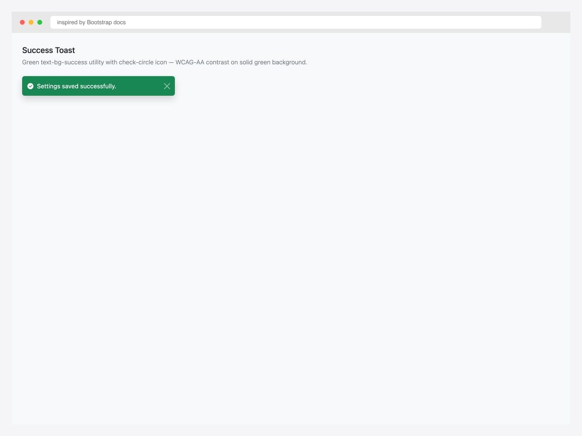 Green Bootstrap 5 success toast with check-circle icon and "Settings saved successfully" message — text-bg-success utility class