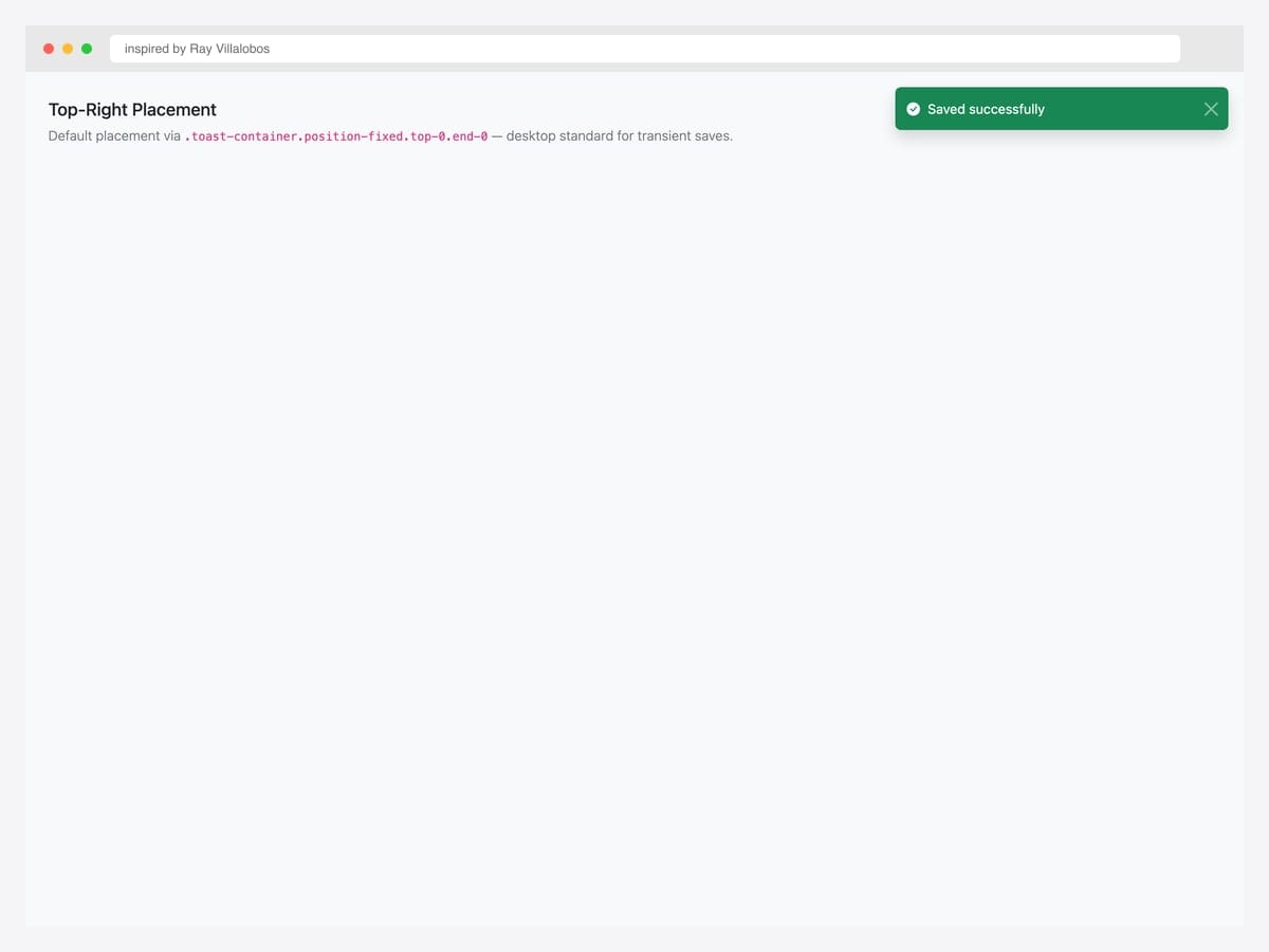 Top-right placement demo — green success toast docked to the upper-right corner of the viewport