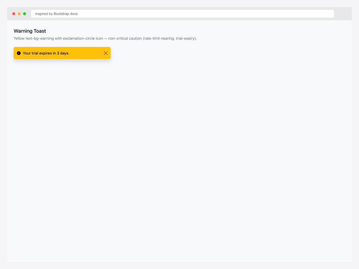 Yellow Bootstrap 5 warning toast with exclamation-circle icon and "Your trial expires in 3 days" message