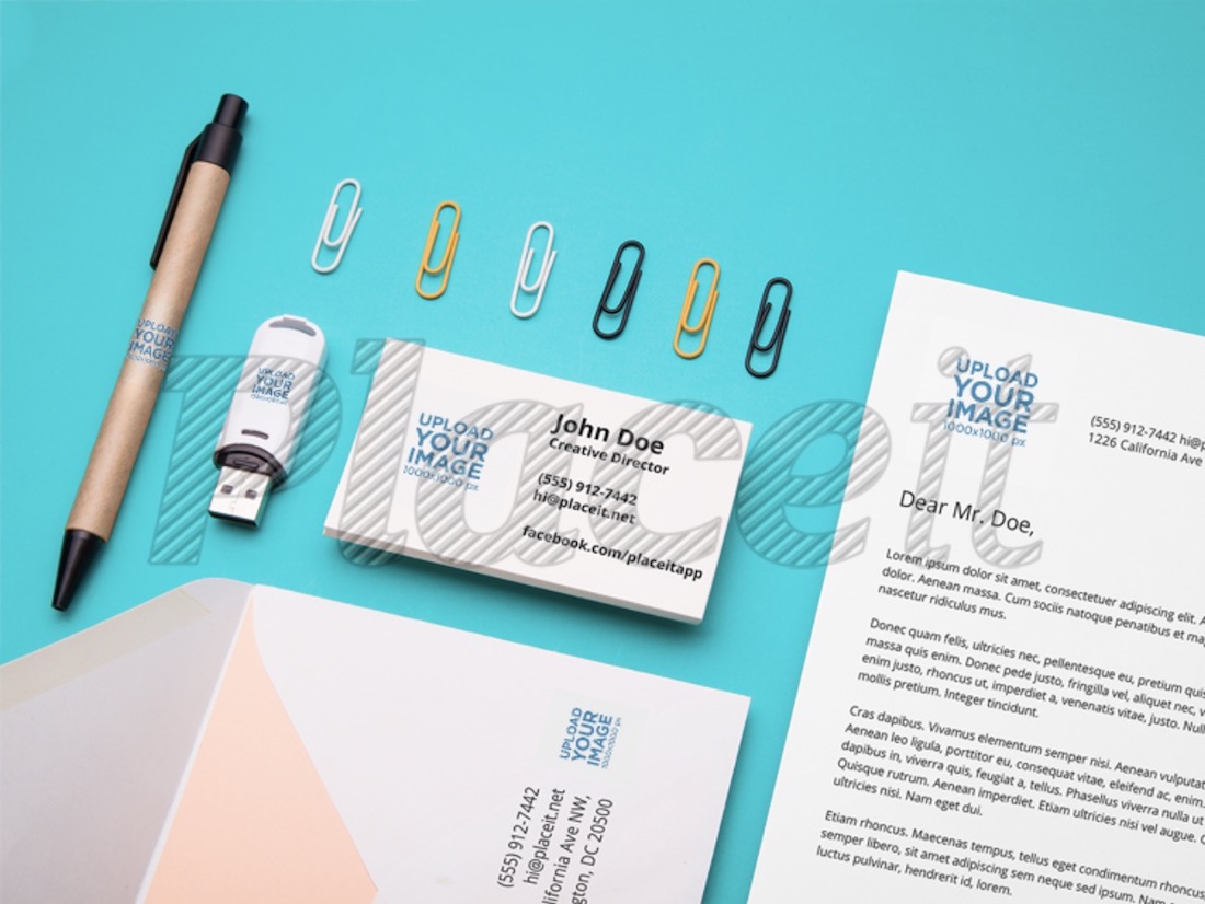 branding mockup featuring an assortment of stationery items