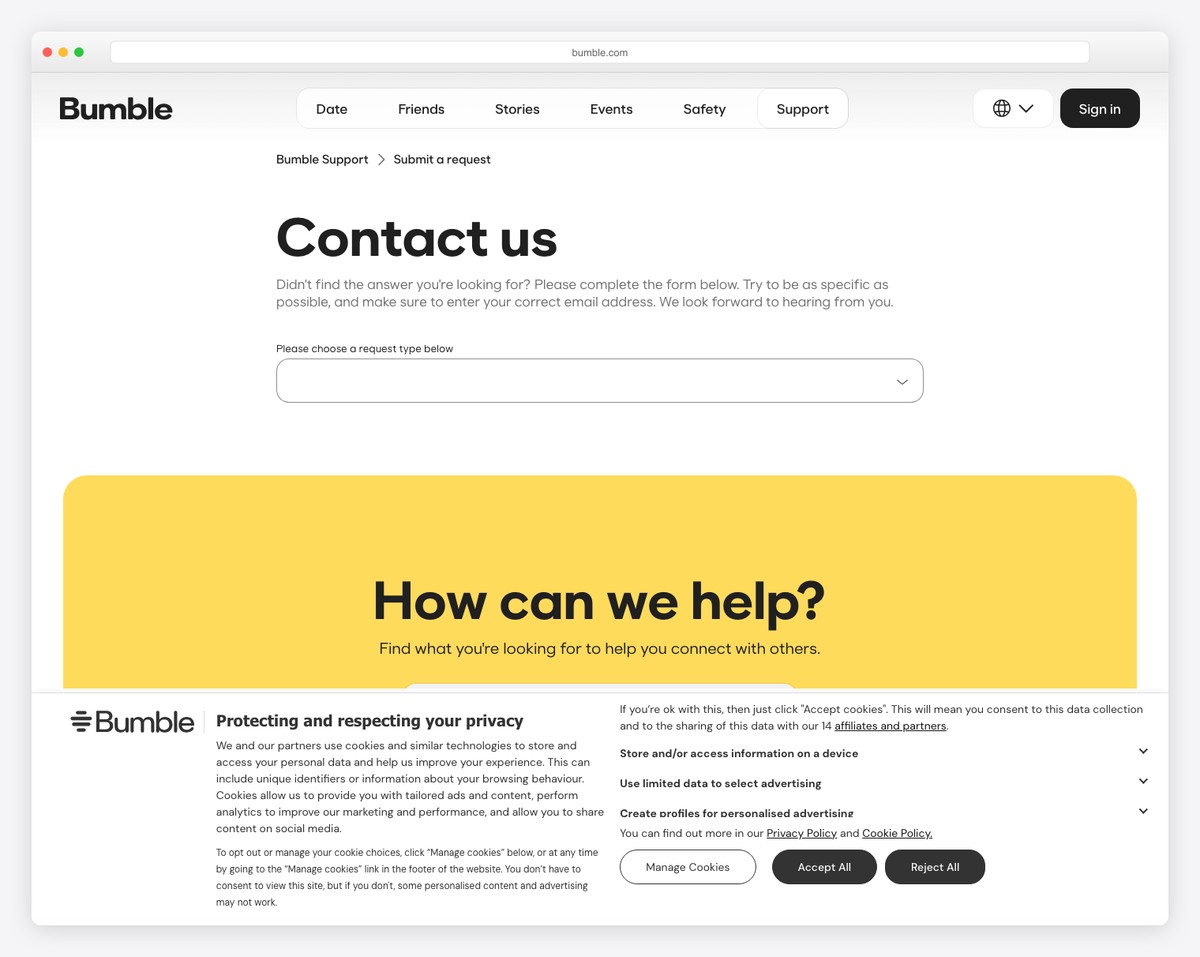 bumble contact us page example
