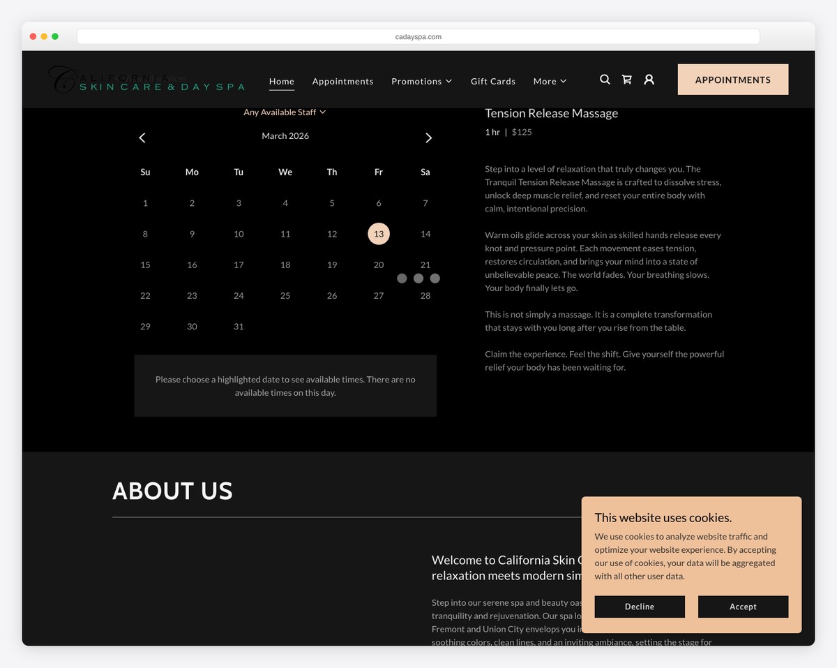 california skin care & day spa website example