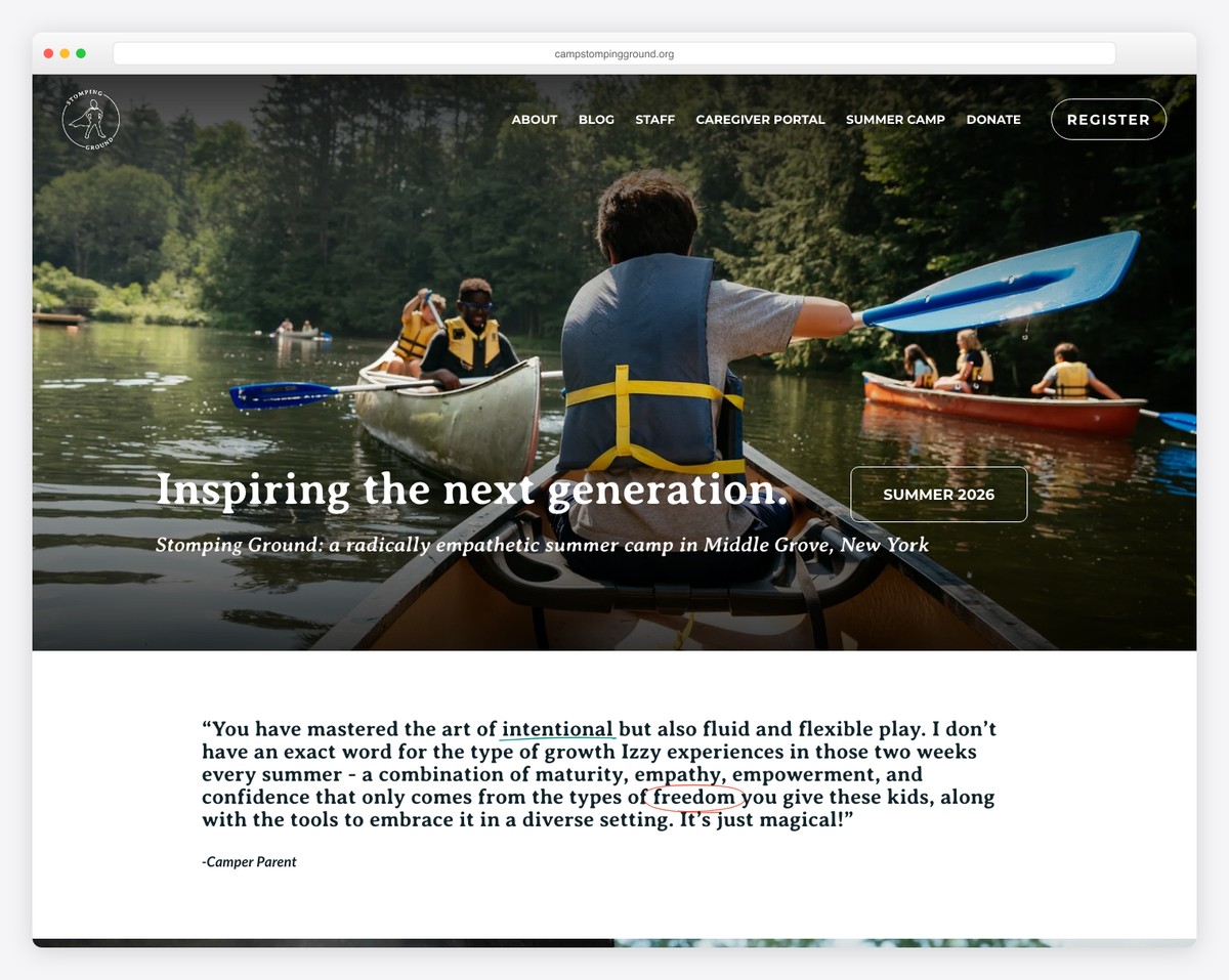 camp stomping ground website example