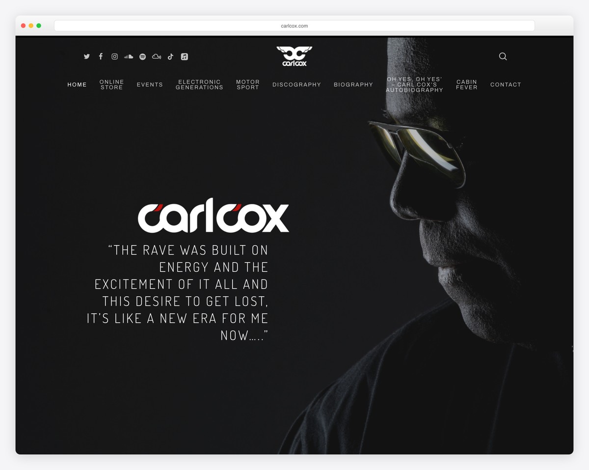 carl cox - DJ and musician website designed using black and white