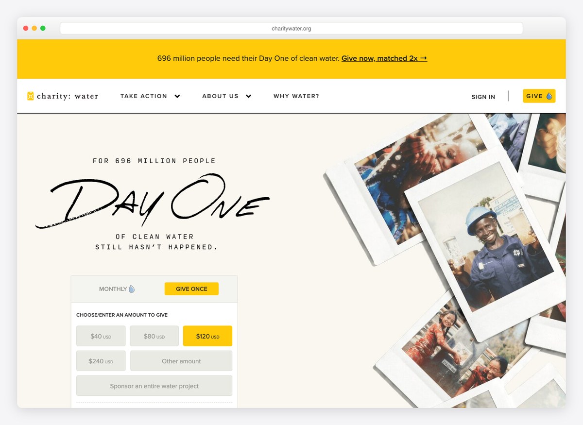 charity: water charity website homepage